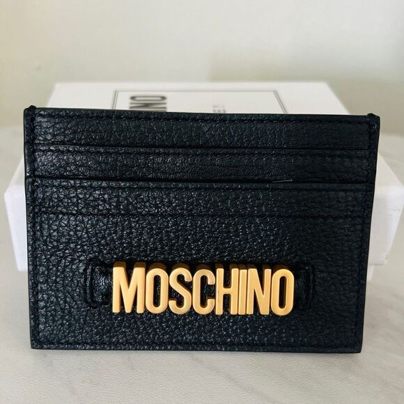 MOSCHINO Logo Leather Card Case, Designer Italian Luxury Wallet, Black Gold, NWT - Picture 6 of 13